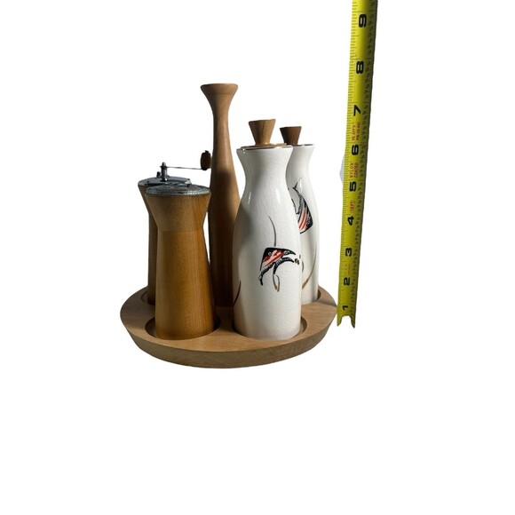 VTG Woodpecker Wood Ware Condiment Caddy Angel Fish Cruet Set 60s MCM Rare *READ - Picture 6 of 15